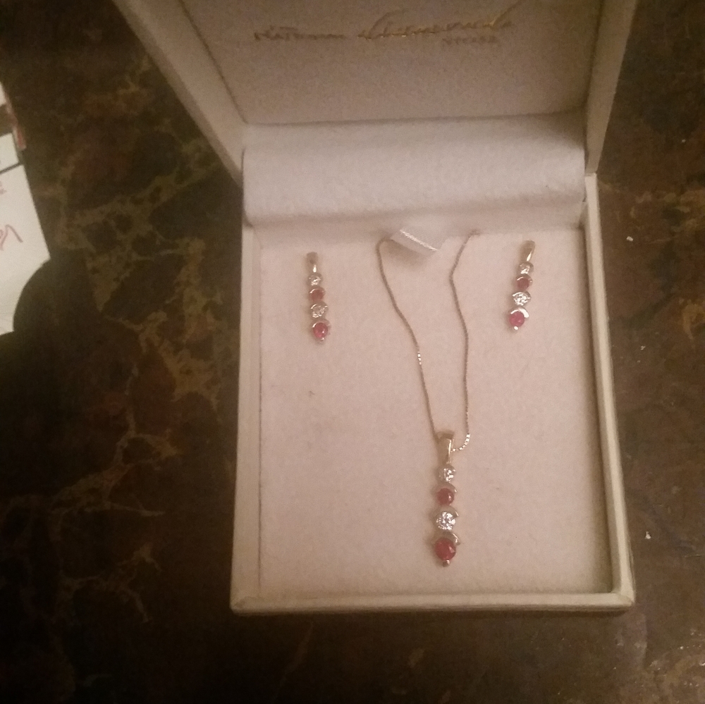 Diamond and ruby 14k gold earring and necklace set